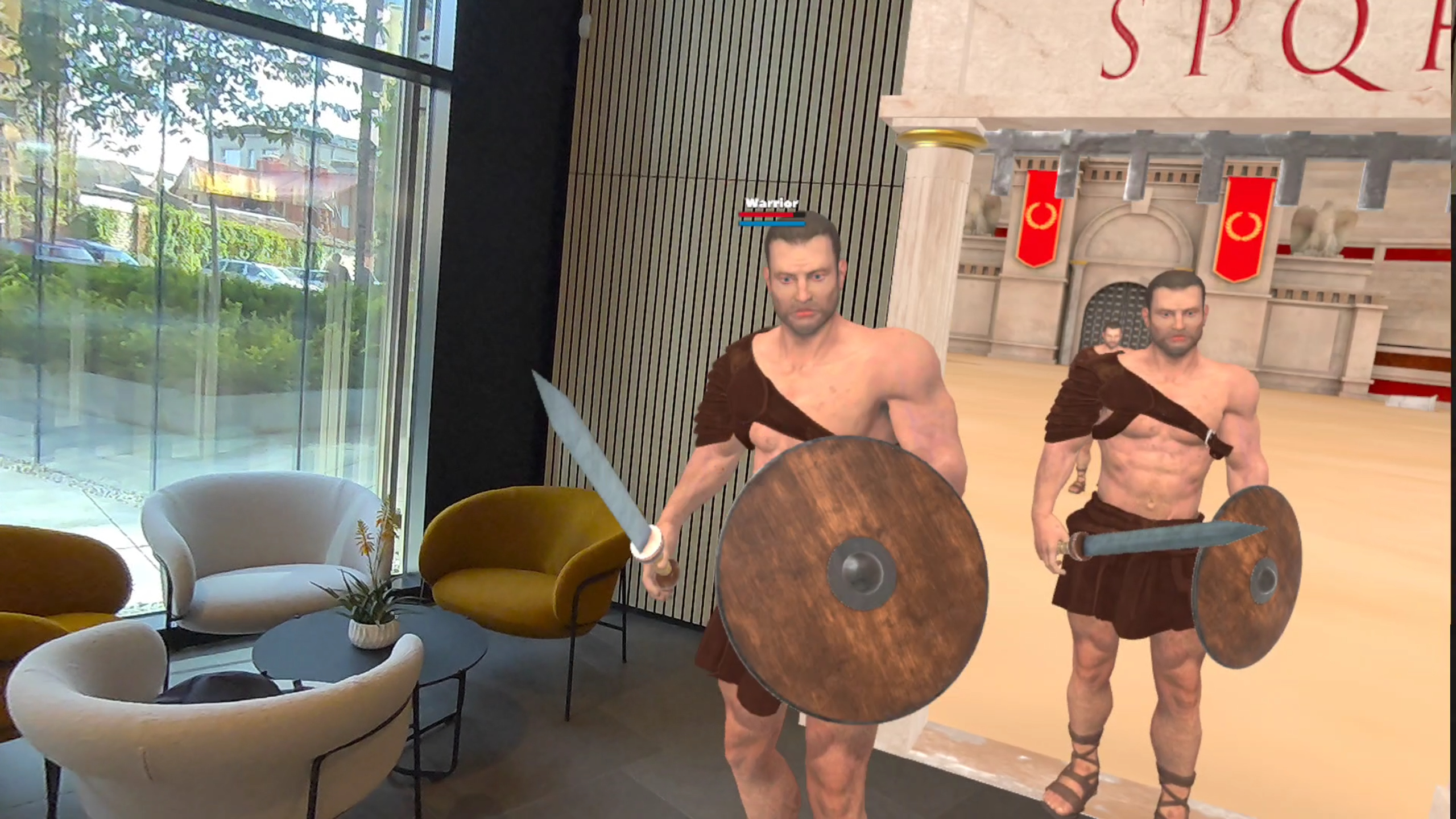 Gladiator Battle VR gameplay screenshot - physics-based sword fight against Murmillo gladiator in a real living room using Meta Quest 3 mixed reality