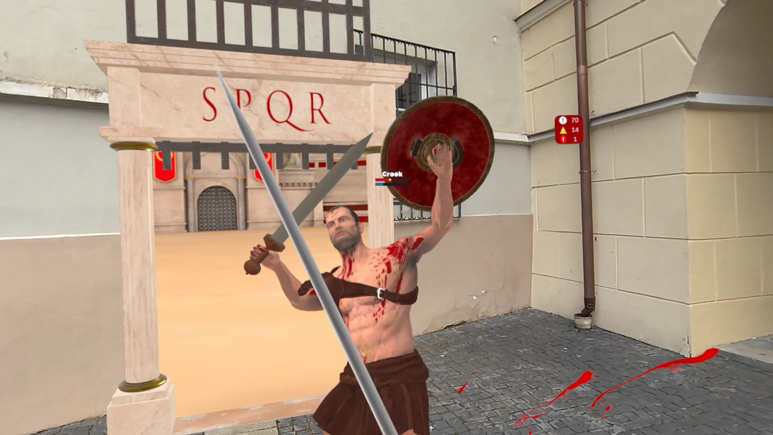 Gladiator Battle VR gameplay screenshot - ancient Roman portal opening in real-world room, gladiator emerging in immersive MR combat experience on Meta Quest