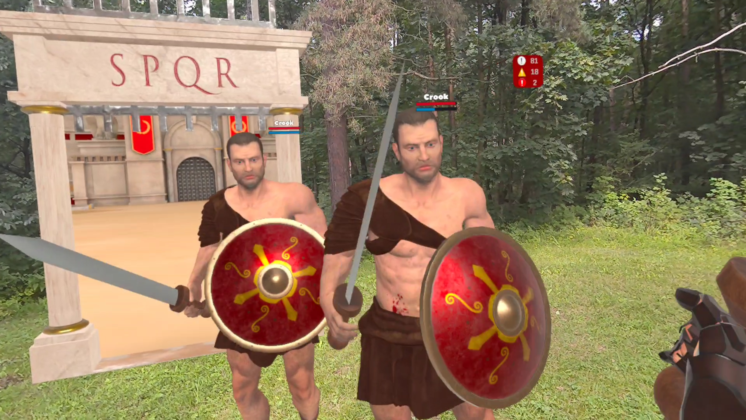 Gladiator Battle VR gameplay screenshot - Murmillo gladiator class advancing with scutum shield in physics-based MR combat on Meta Quest 3