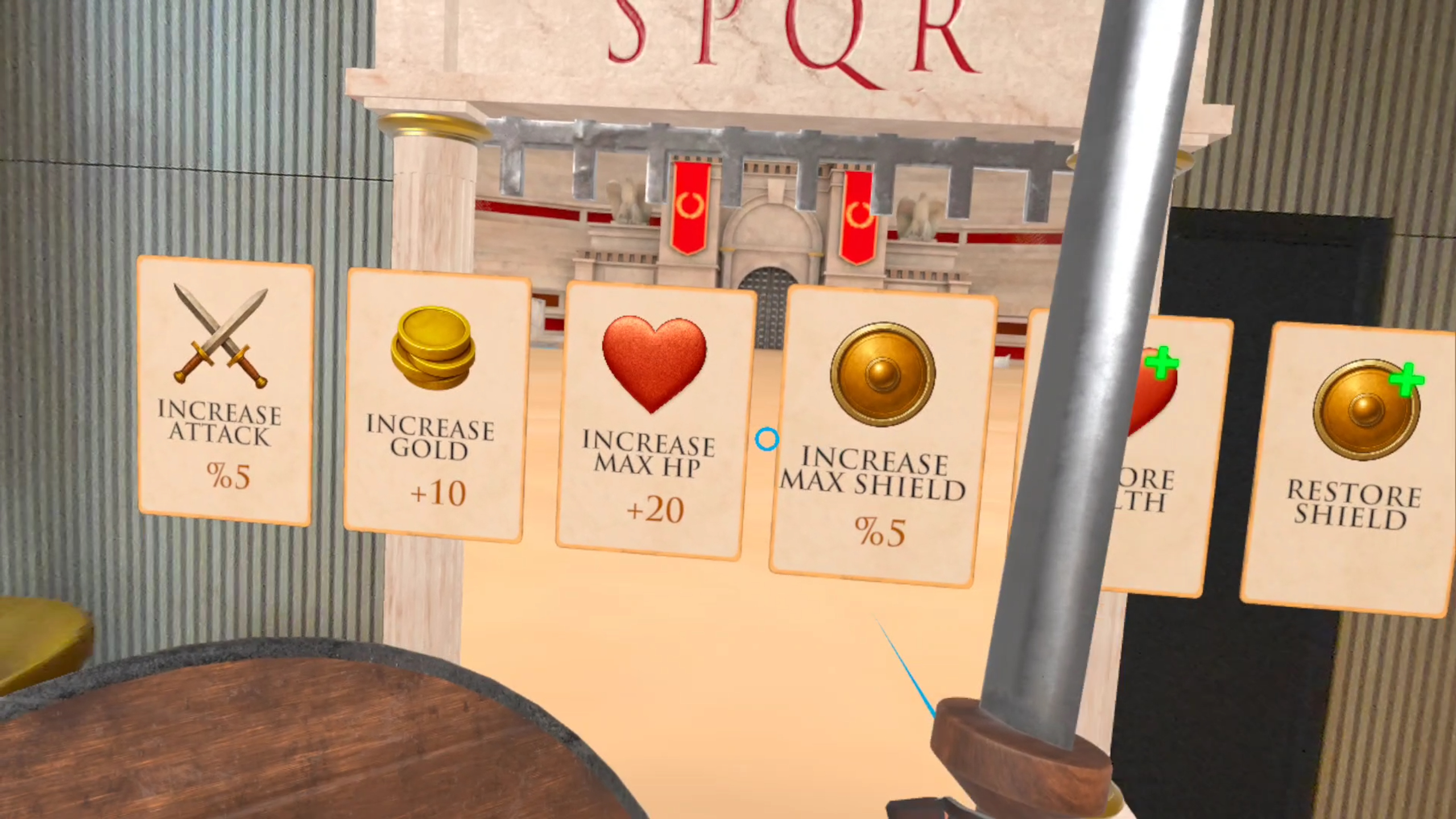 Gladiator Battle VR gameplay screenshot - realistic physics-based sword combat with 1:1 motion tracking in mixed reality gladiator game on Meta Quest 3