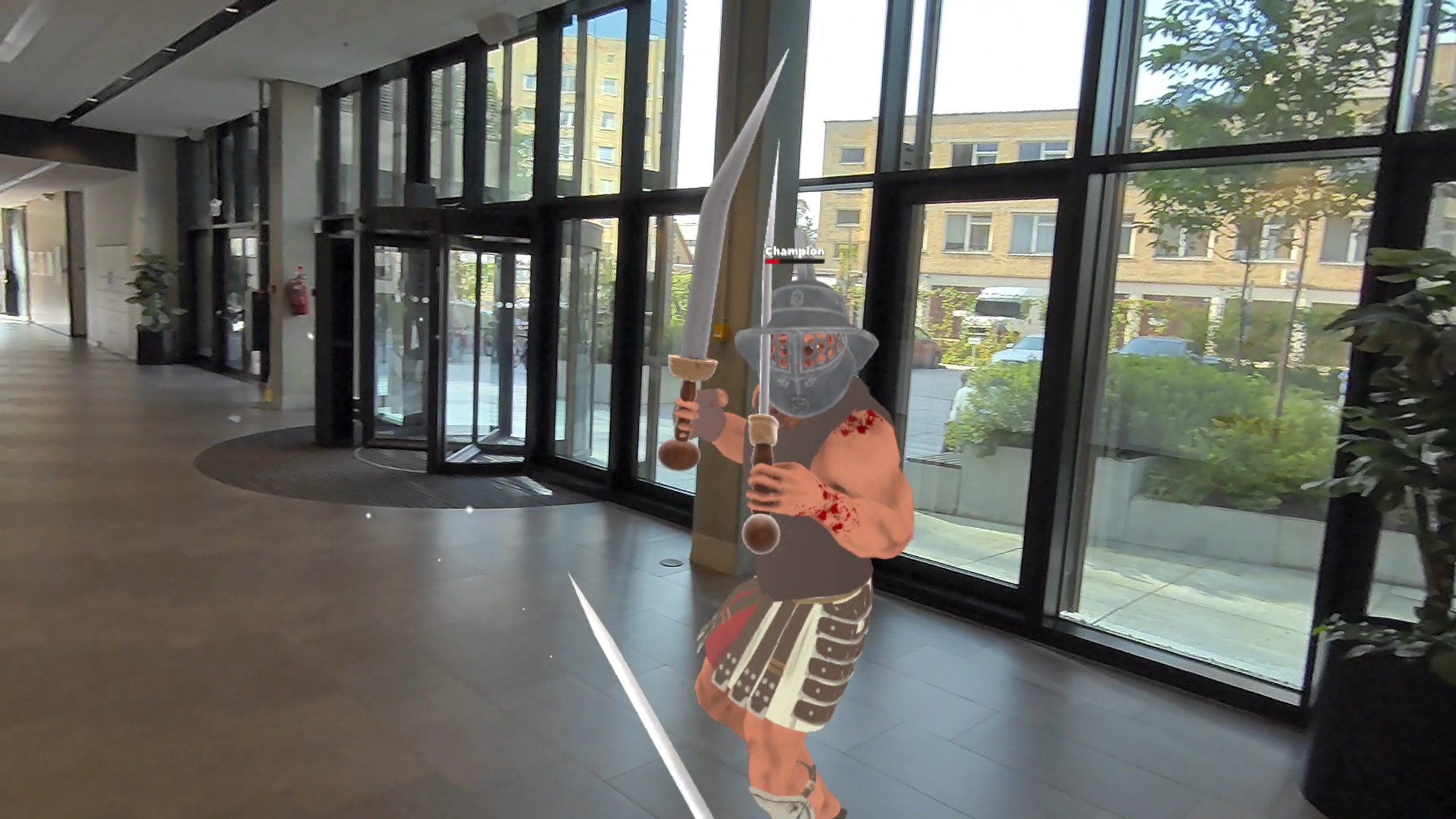 Gladiator Battle VR gameplay screenshot - wave survival mode with multiple Roman gladiators invading real home environment via Meta Quest 3S mixed reality