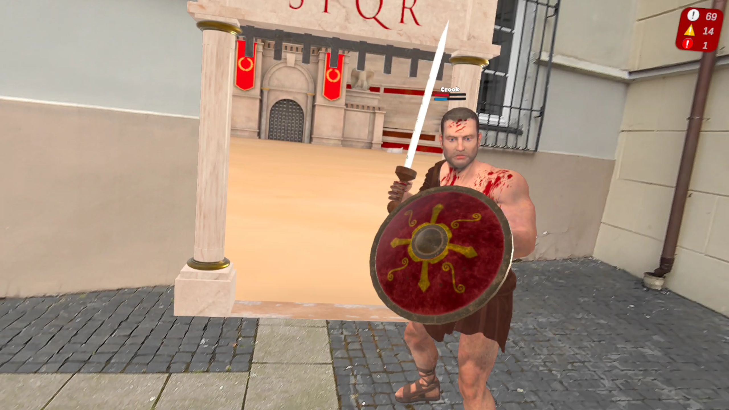 Gladiator Battle VR gameplay screenshot - Weapon Armory screen showing unlockable Roman weapons Gladius, Sica and Falcata in Meta Quest 3 gladiator game