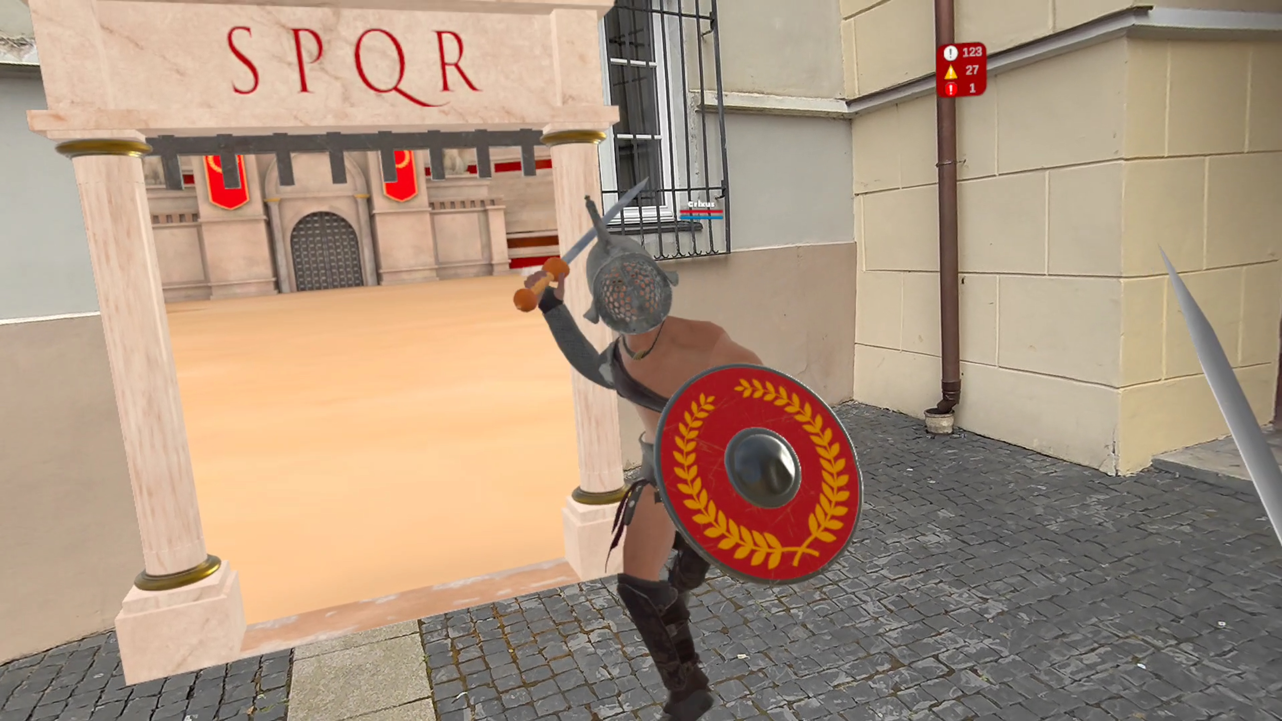Gladiator Battle VR gameplay screenshot - wave combat mode with multiple Roman gladiators attacking player in immersive MR environment on Meta Quest 3