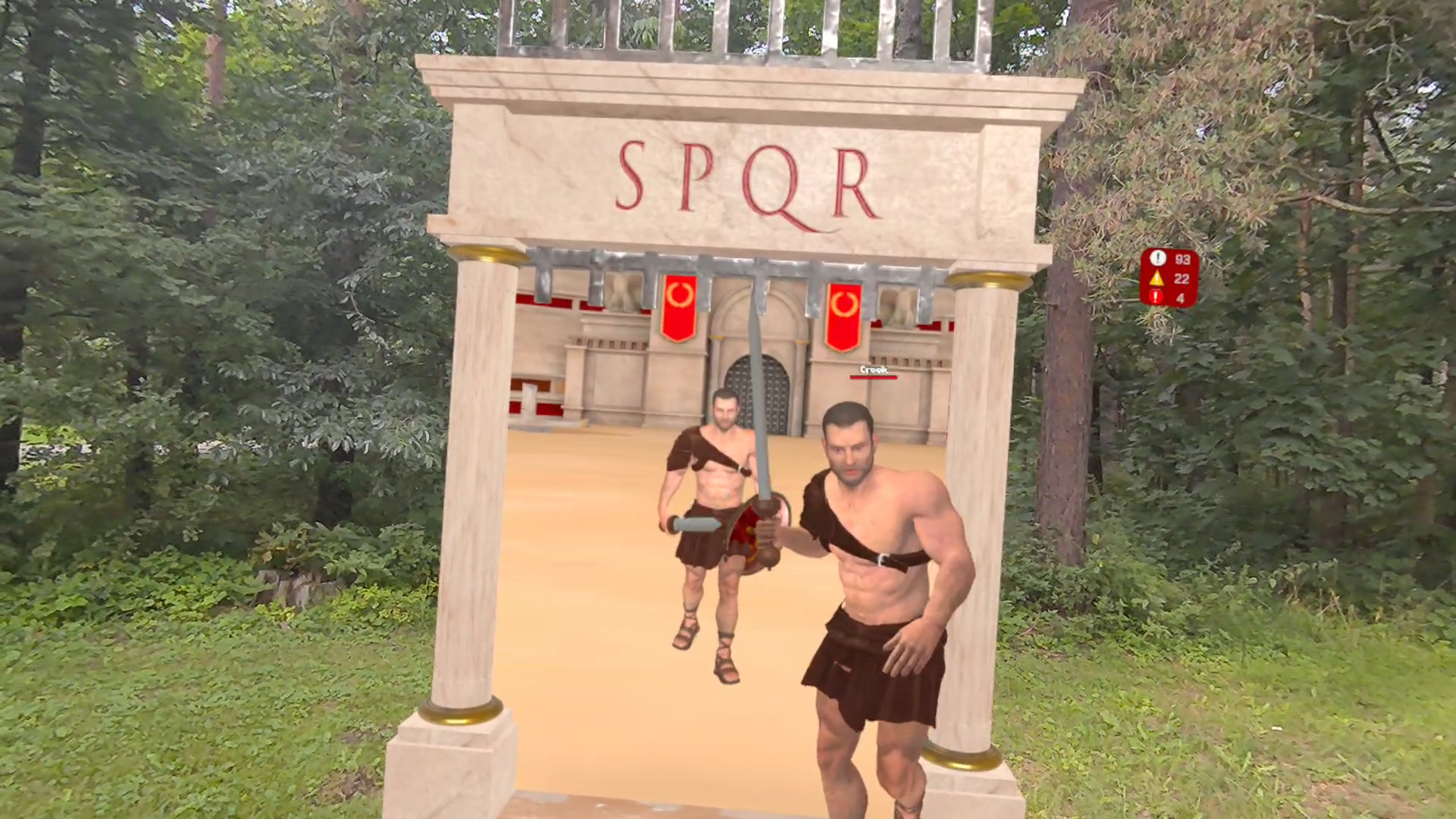 Gladiator Battle VR gameplay screenshot - Roman gladiator stepping through ancient portal into real-world living room in mixed reality on Meta Quest 3S