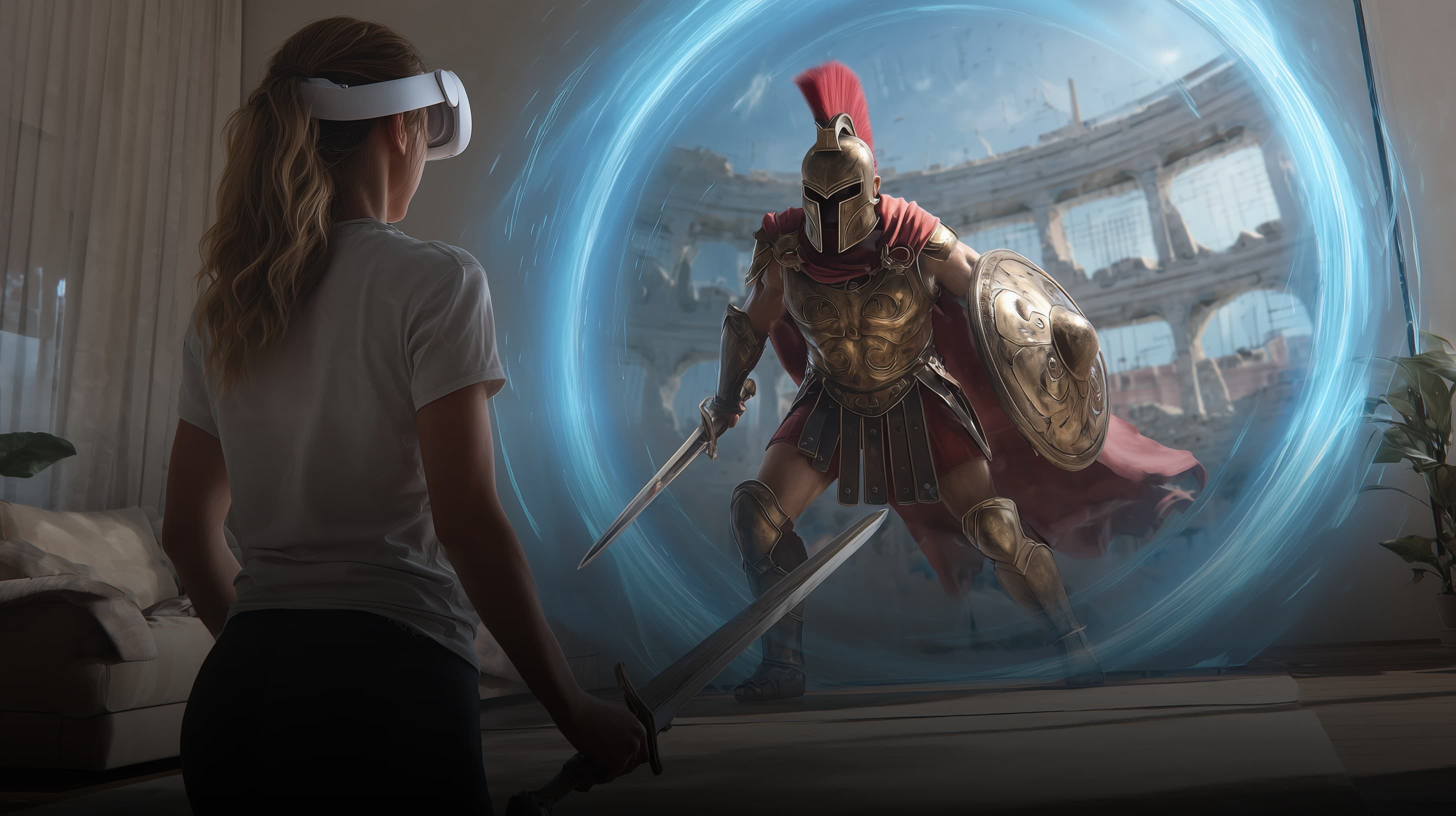 Gladiator stepping through a portal into a modern living room in Gladiator Battle Mixed Reality VR game
